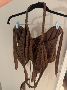 Fashion Nova Brown Crochet Tie-Front Camisole- worn once